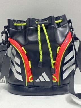 adidas Black Bucket Messenger Bag with Neon Yellow and Red Accents
